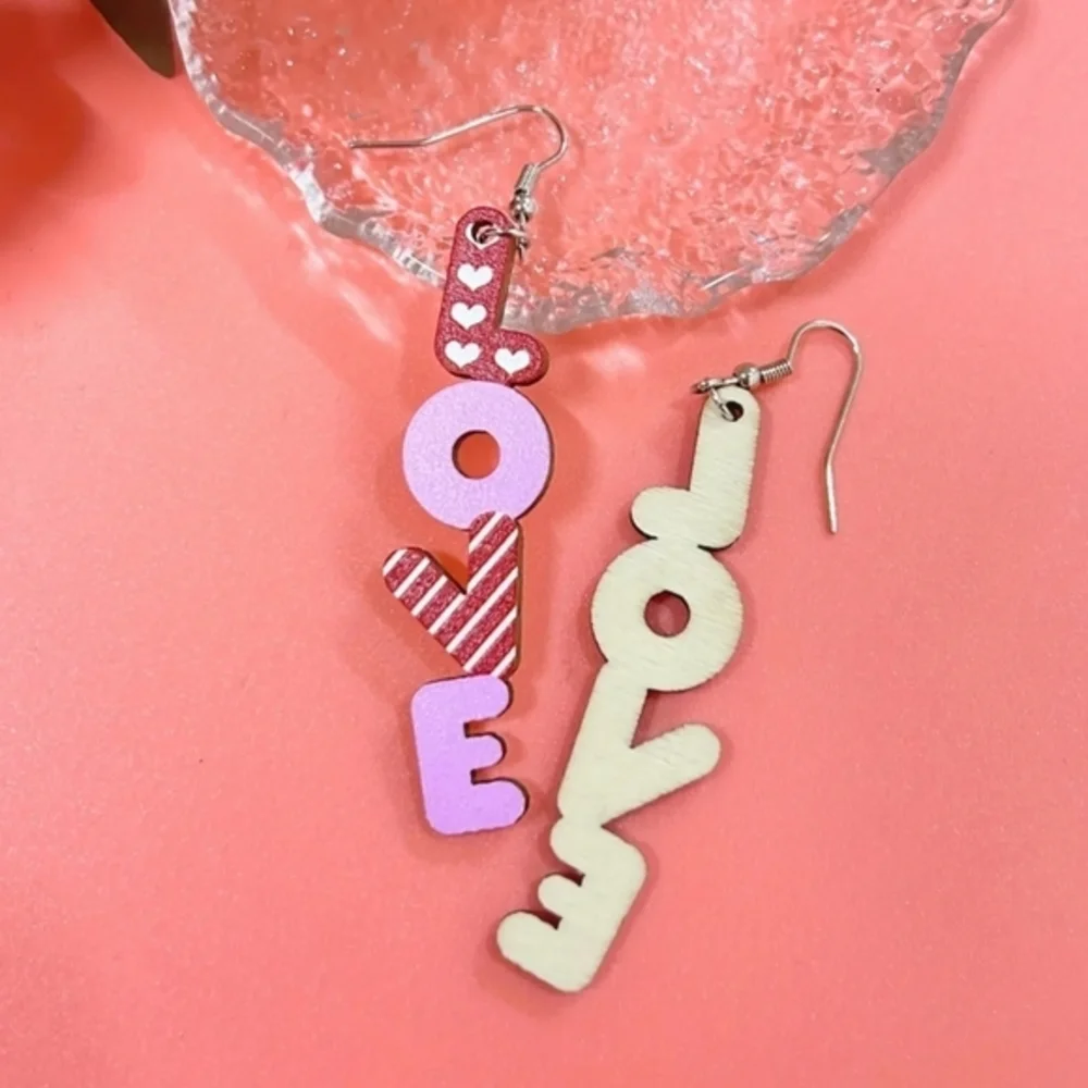 Valentines‎ Day Jewelry Love Heart Letters Womens Dangle Wooden Earrings